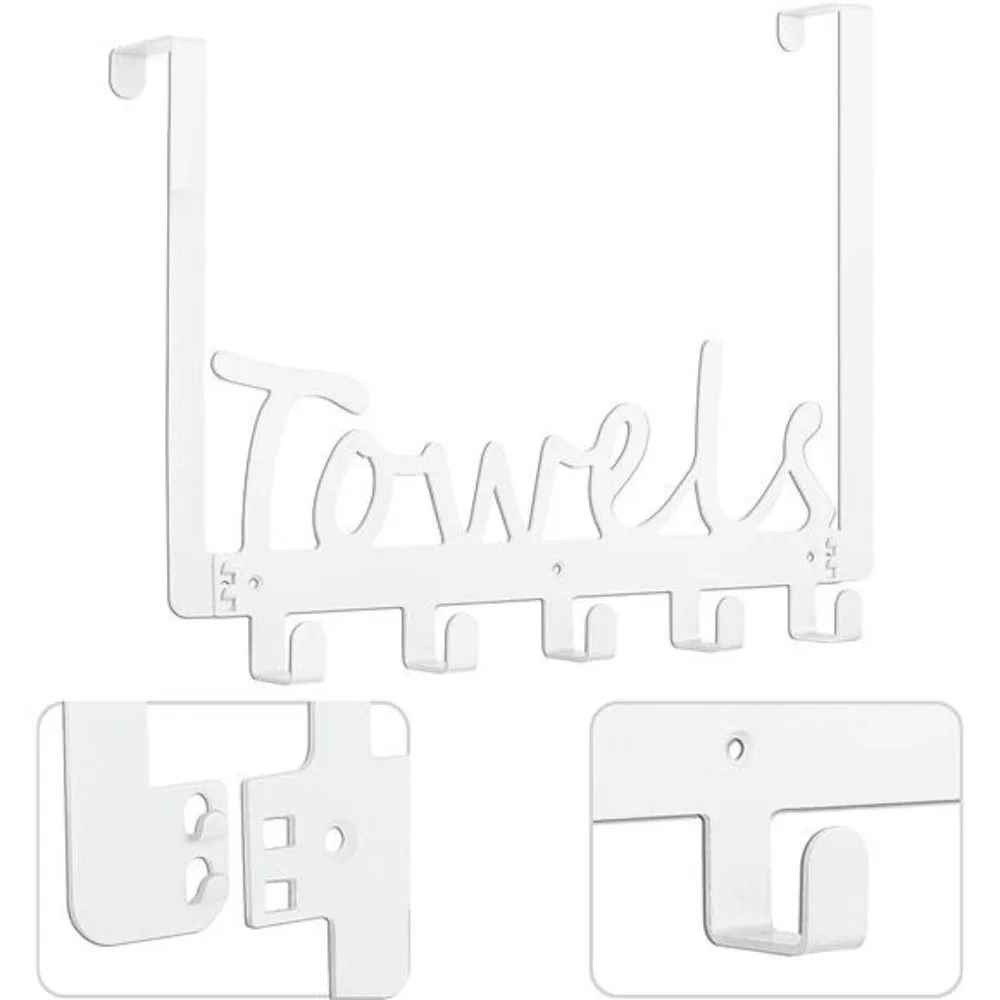 Bath Over The Door Towel Rack 5 Hooks Towel Holder Wall Hooks for Robe, Towels